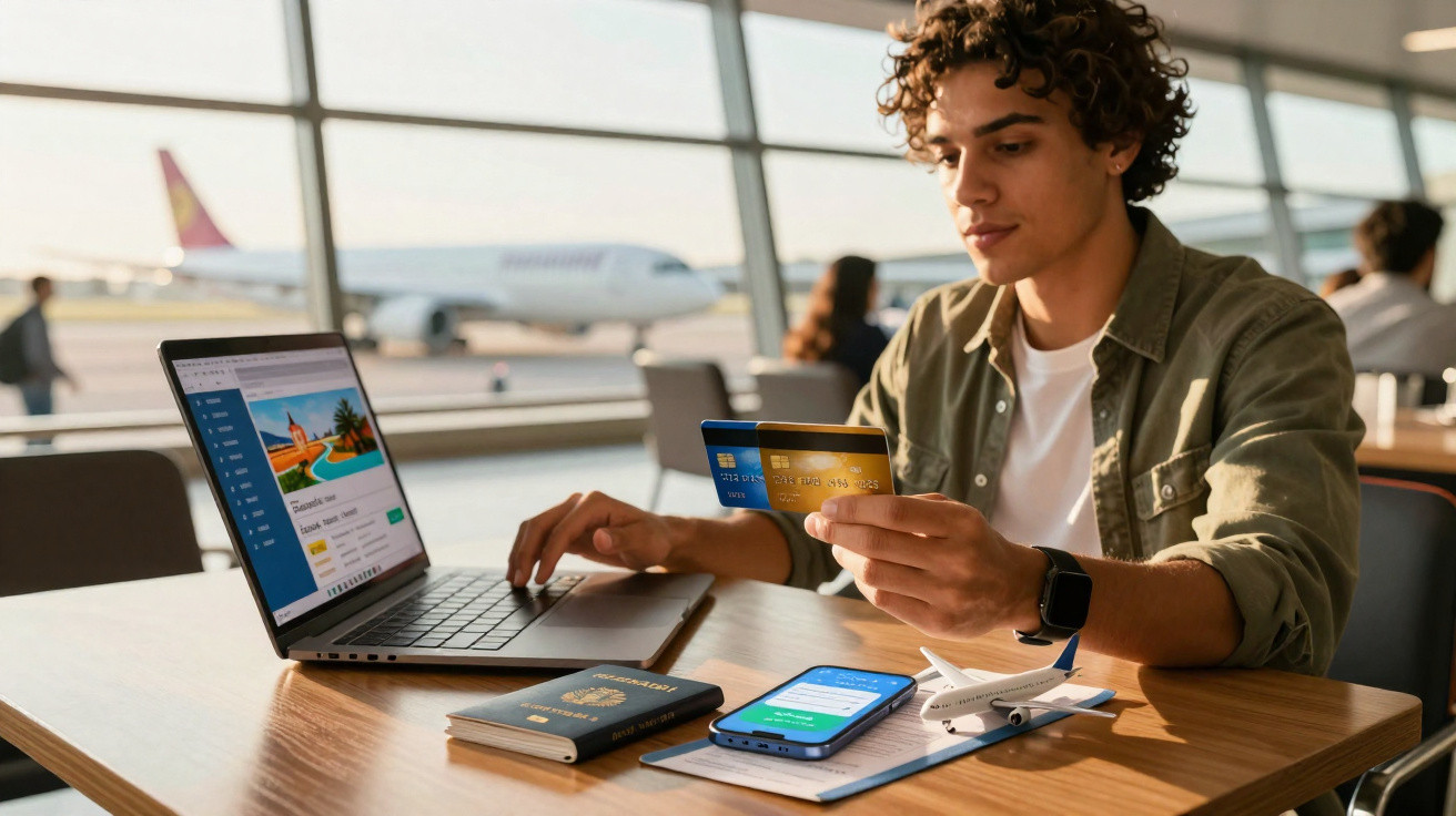 Jovem em aeroporto usando cartão de crédito para reservar viagem no laptop, com passaporte e celular na mesa.