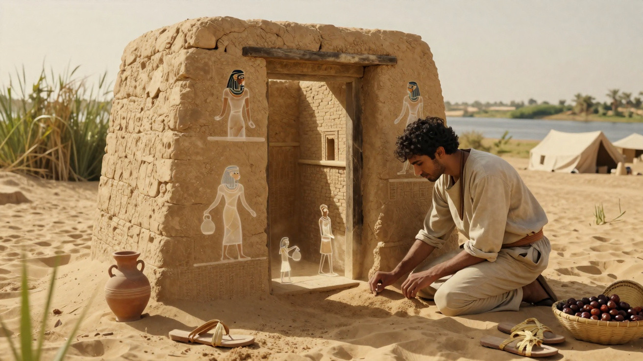 Homem trabalhando em miniatura de casa antiga de barro decorada com pinturas egípcias no deserto.