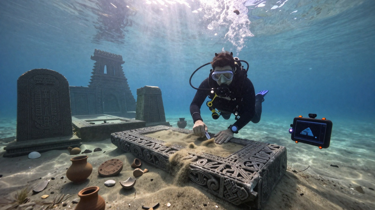 Mergulhador explorando ruínas subaquáticas com inscrições antigas e artefatos cerâmicos no fundo do mar.