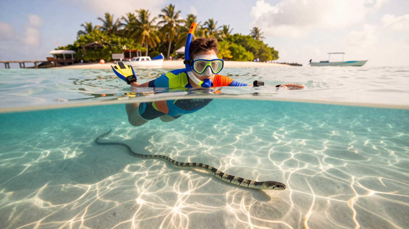 Criança com snorkel nadando perto de cobra marinha em água clara rasa com ilha ao fundo.