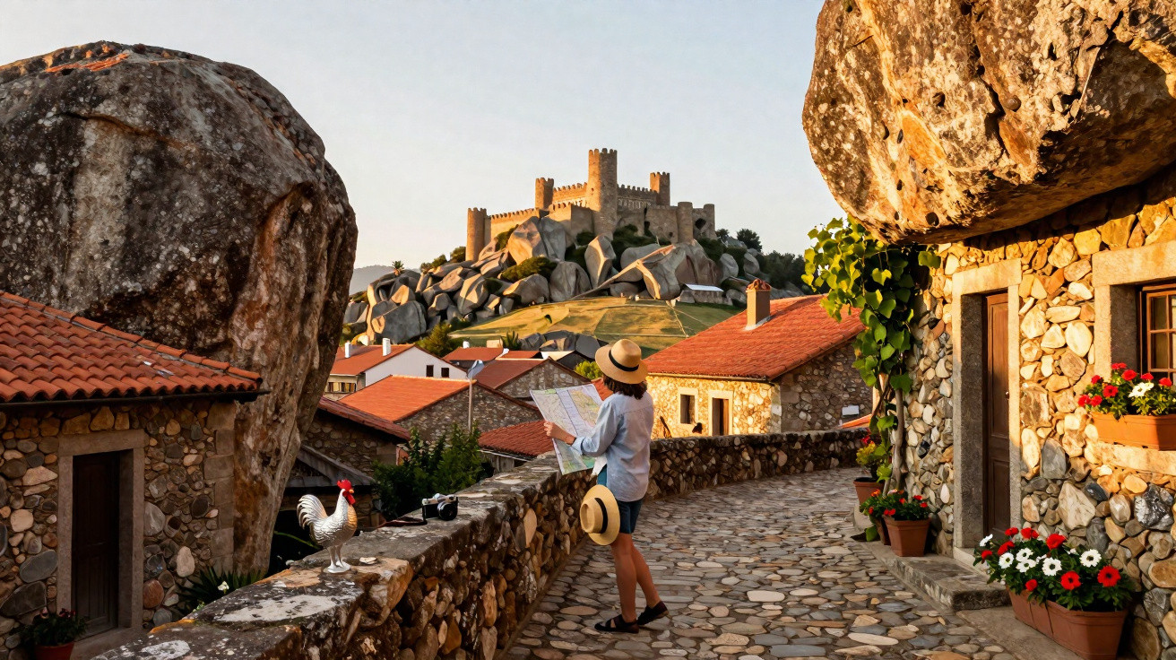 Pessoa com chapéu consultando mapa em vila de pedra com flores e castelo ao fundo ao entardecer.