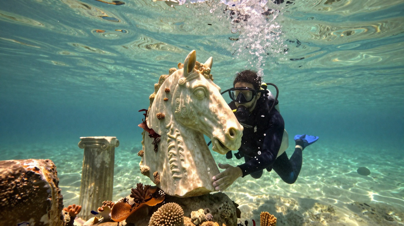 Mergulhador explorando uma escultura submersa de cabeça de cavalo rodeada por corais e ruínas antigas.