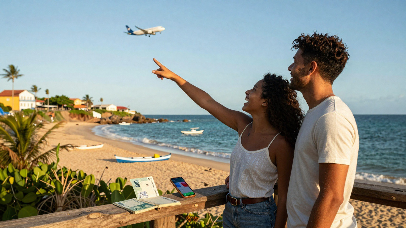 Casal na praia observa avião voando ao fundo, com dinheiro e celular sobre o corrimão de madeira.