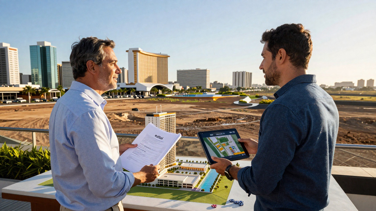Dois homens discutem projeto de construção ao ar livre com maquete e tablet em área urbana.