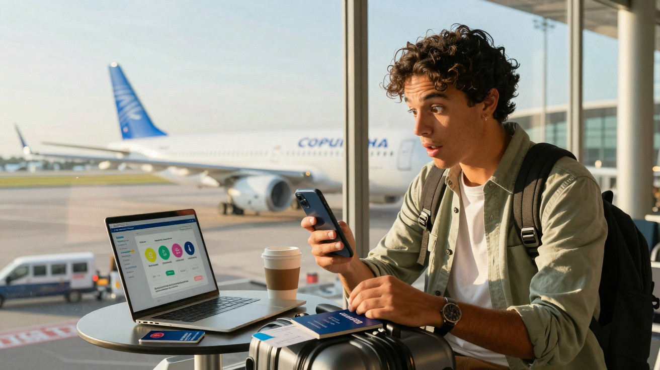 Jovem sentado no aeroporto com mochila e mala, usando celular e laptop, avião ao fundo.