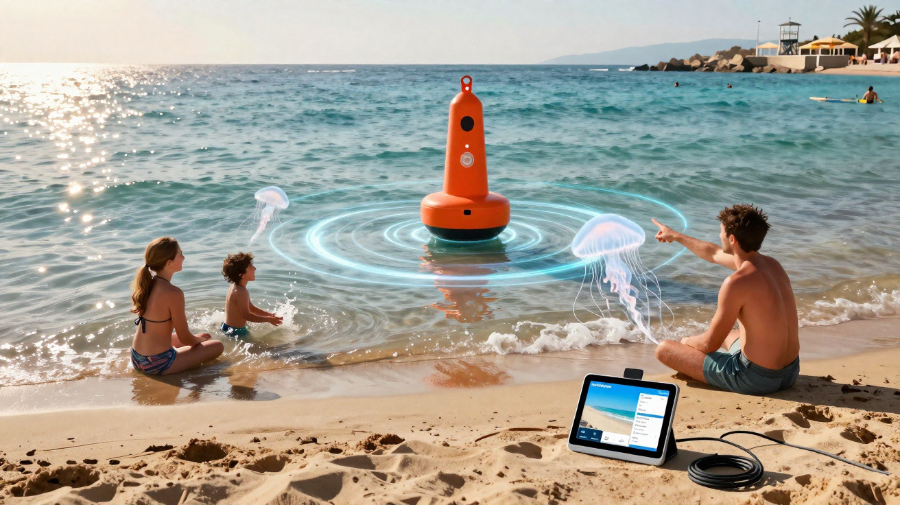 Família na praia observa água com bóia laranja e duas águas-viva holográficas, com tablet na areia.