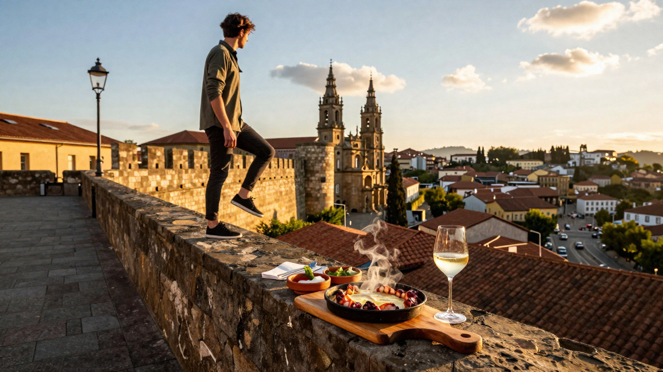 Homem observa cidade histórica ao pôr do sol com prato de comida e taça de vinho sobre muro de pedra.