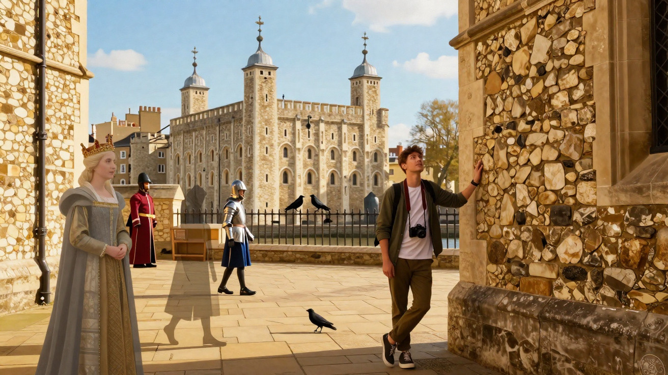 Jovem turista observa arquitetura histórica na Torre de Londres com guardas e estátua de rainha ao fundo.