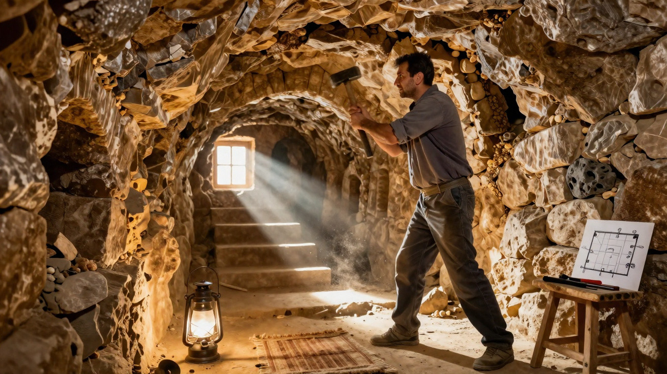 Homem escavando em túnel de pedra iluminado por luz natural e lamparina no chão.