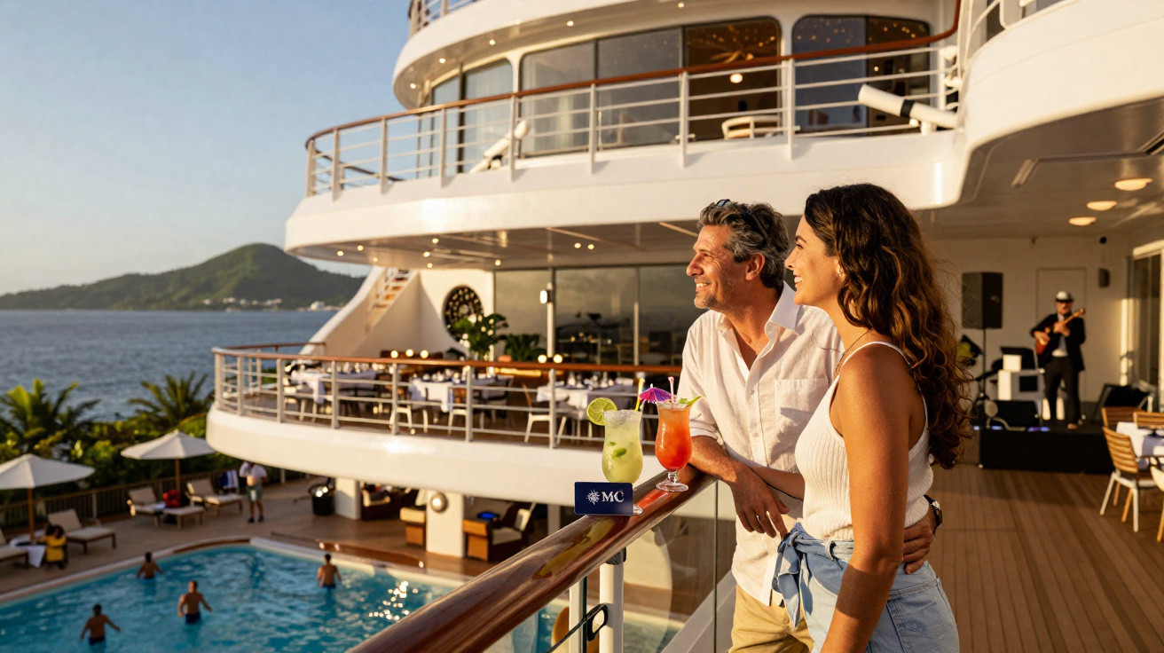 Casal feliz olhando o mar do convés de um navio de cruzeiro com piscina e música ao vivo.