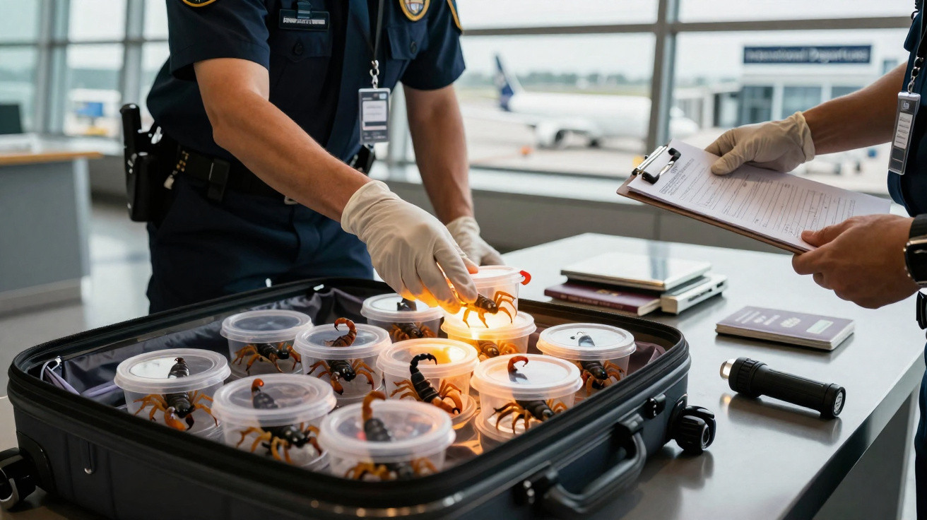 Agente de segurança inspeciona mala com potes plásticos contendo escorpiões em raio-X no aeroporto.