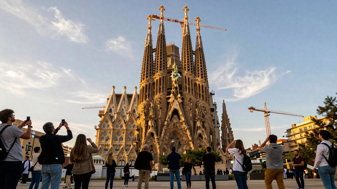 Pessoas fotografando a Sagrada Família ao pôr do sol com guindastes visíveis ao fundo em Barcelona.