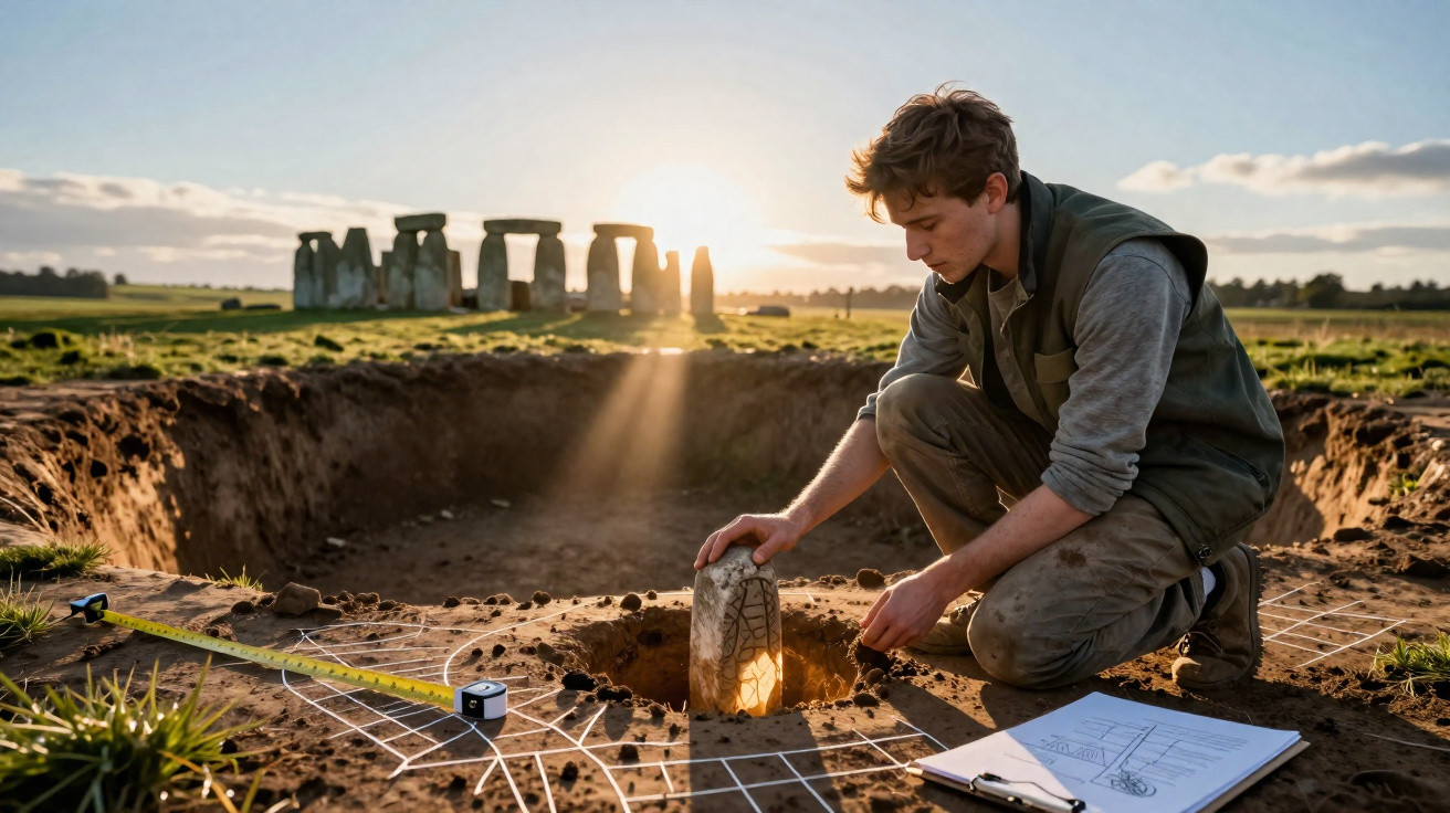 Jovem arqueólogo escavando e analisando artefato em sítio arqueológico com Stonehenge ao fundo, ao pôr do sol.