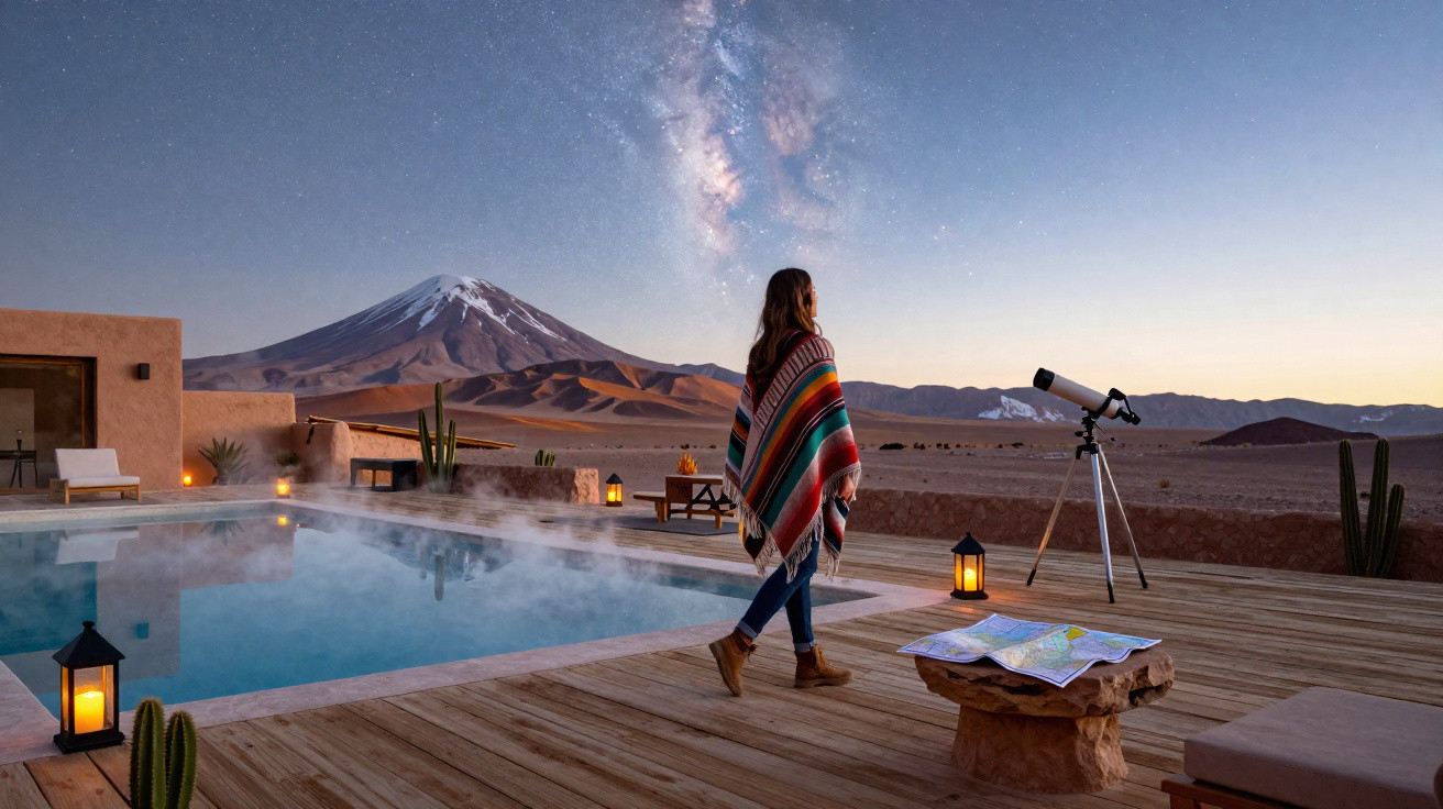 Mulher em poncho colorido observa o céu estrelado com telescópio perto de piscina e montanha ao entardecer.