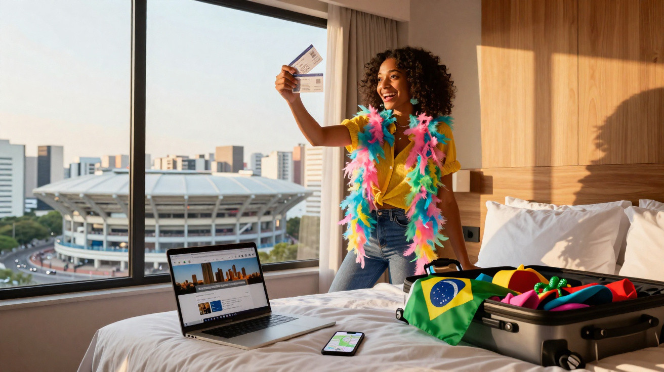 Mulher com fantasia colorida segura ingressos em hotel com vista para estádio e mala decorada com bandeira do Brasil.