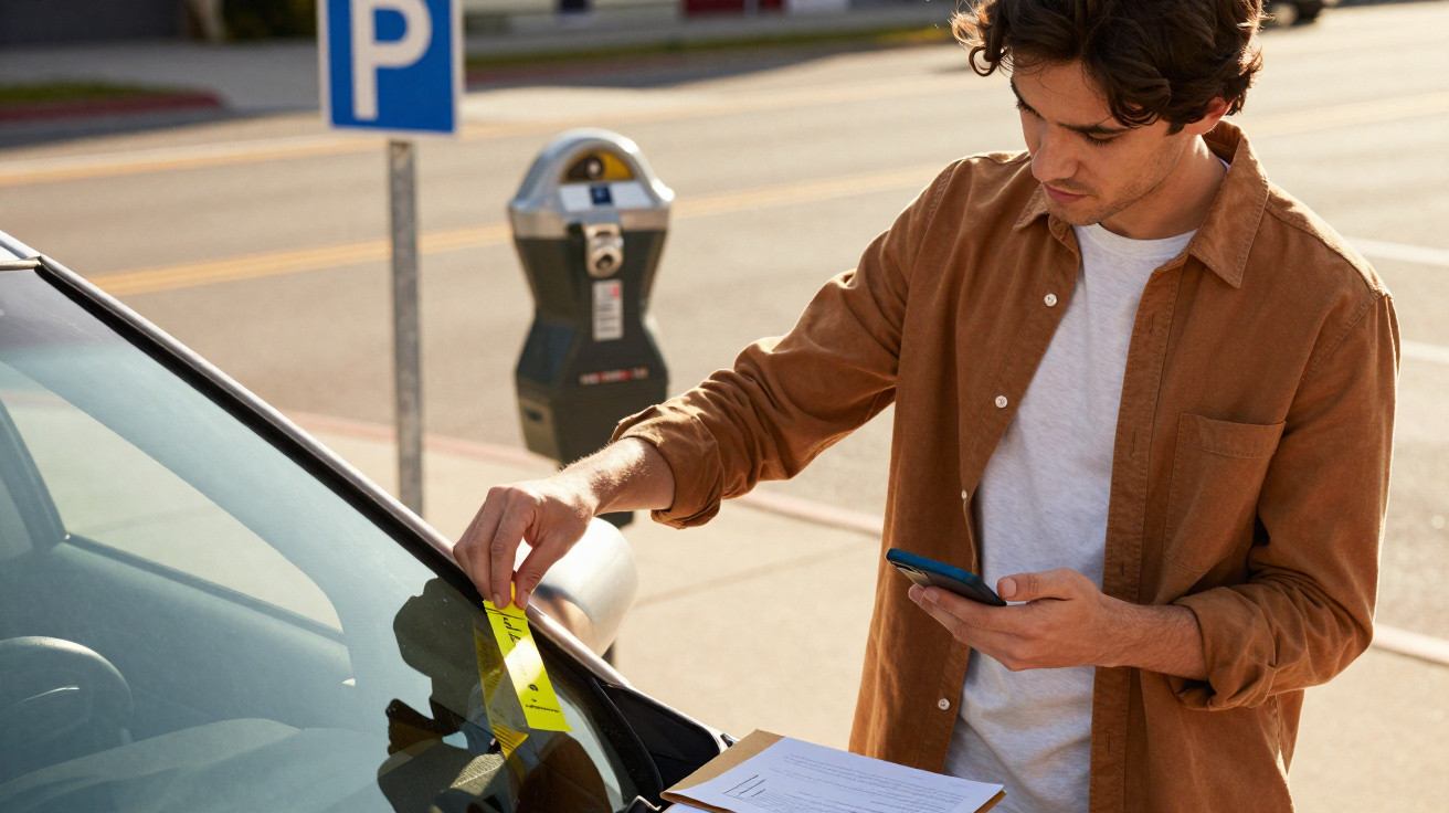 Homem colando aviso de multa no para-brisa do carro em área de estacionamento na rua.