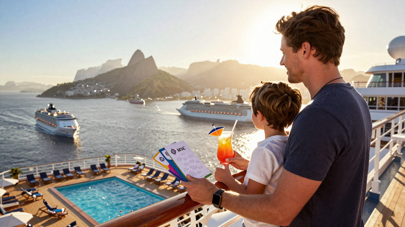 Pai e filho observam o pôr do sol no deck de um cruzeiro com vista para montanhas e outros navios no mar.