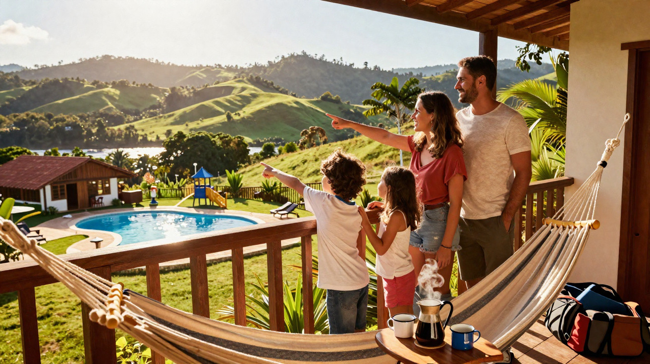 Família contemplando a paisagem com piscina, montanhas verdes e céu ao pôr do sol na varanda de uma casa.