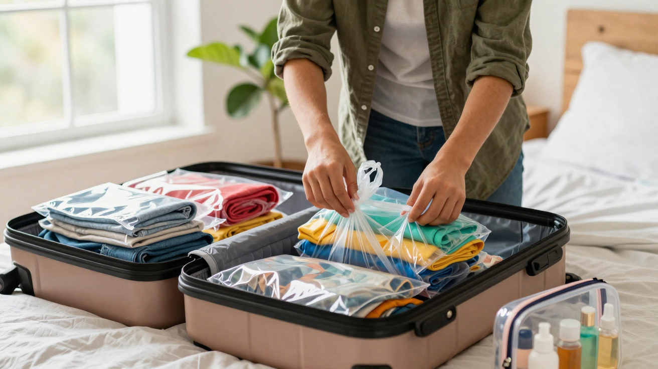 Pessoa organizando roupas em sacos plásticos dentro de mala aberta sobre cama para viagem.