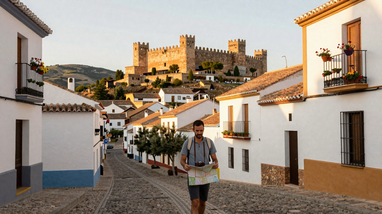 Homem caminhando com mapa em rua de pedras com casas brancas e castelo antigo ao fundo ao pôr do sol.