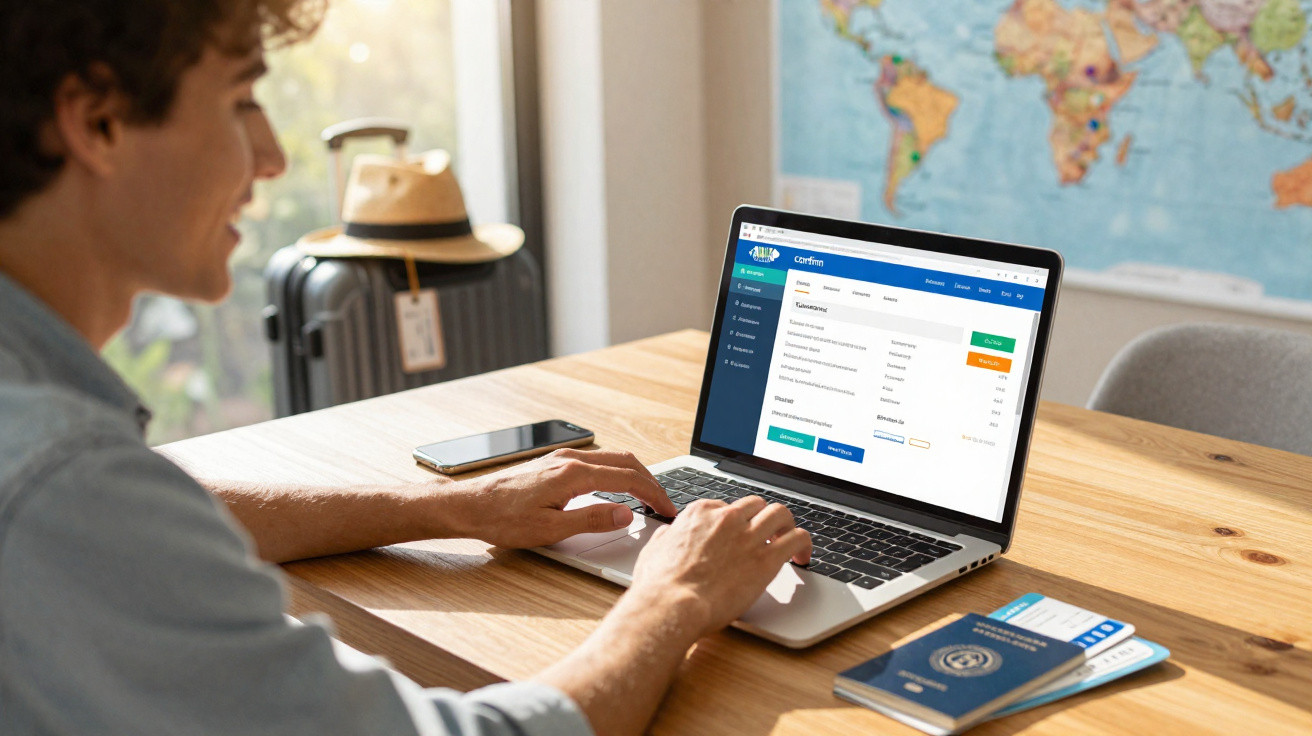 Pessoa usando laptop para reservar viagem online, com passaporte, bilhete e mala ao fundo em mesa de madeira.