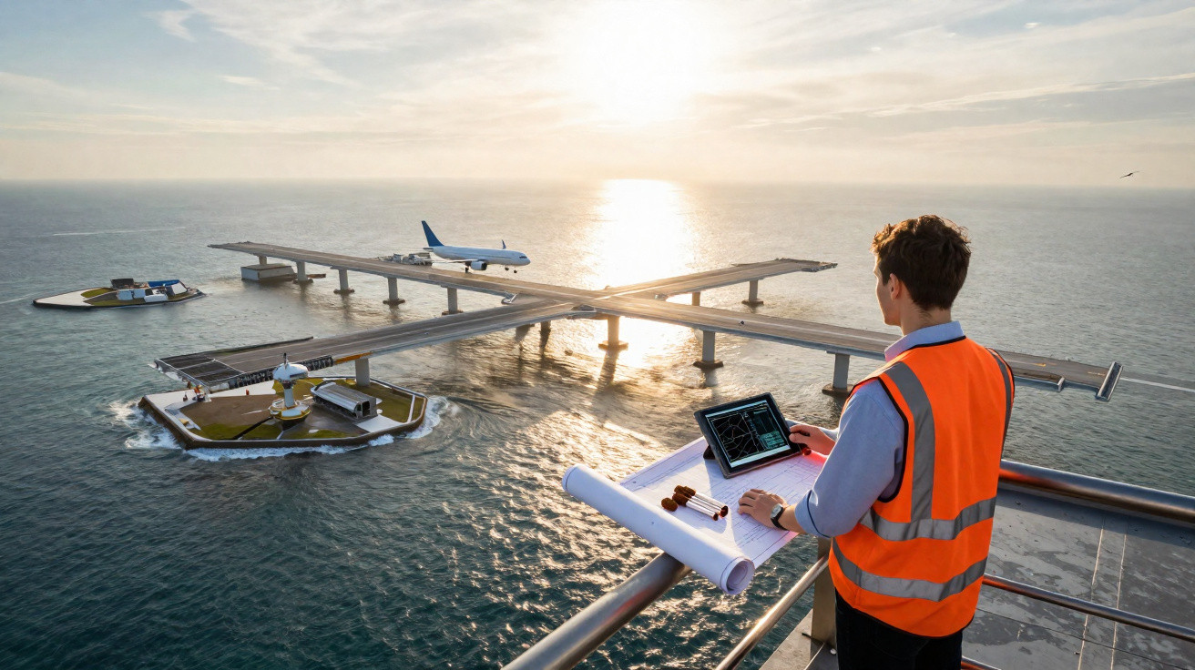 Engenheiro com colete laranja observa projeto de ponte sobre o mar ao pôr do sol, com avião na pista.