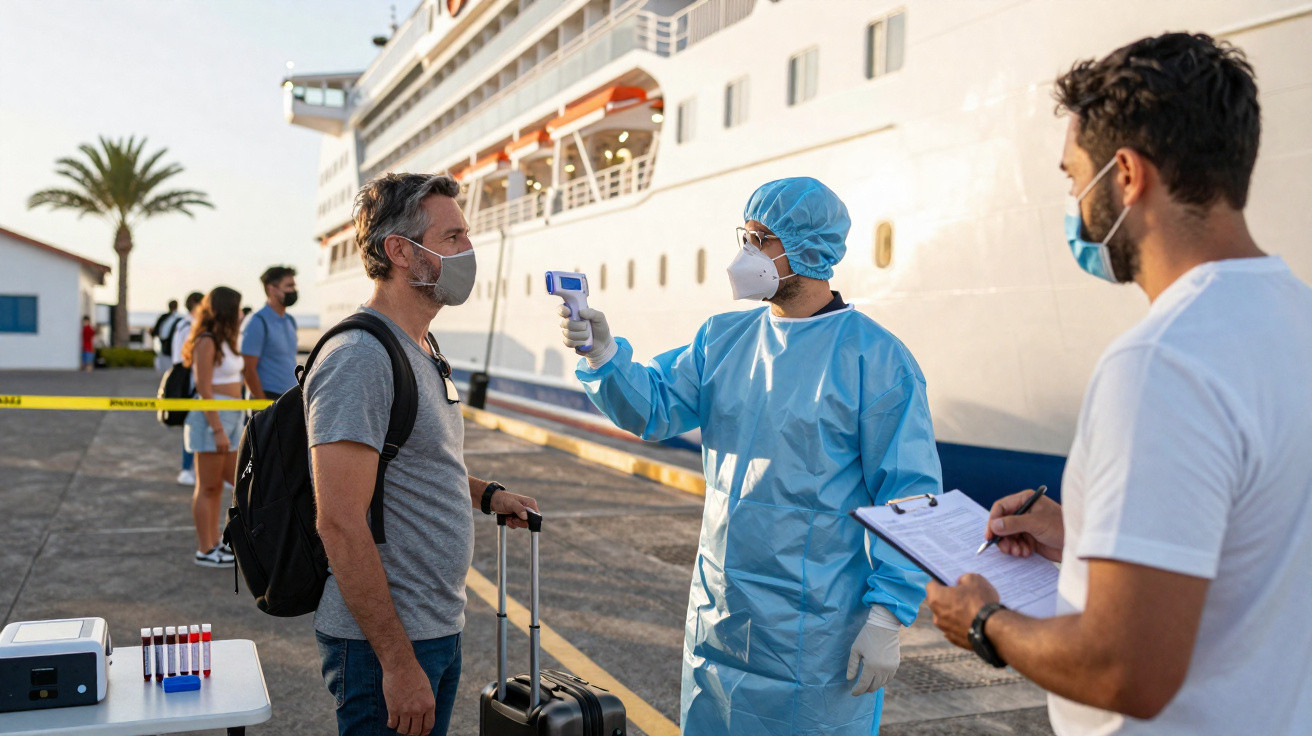 Profissional de saúde verifica temperatura de passageiro com máscara antes de embarque em navio de cruzeiro.