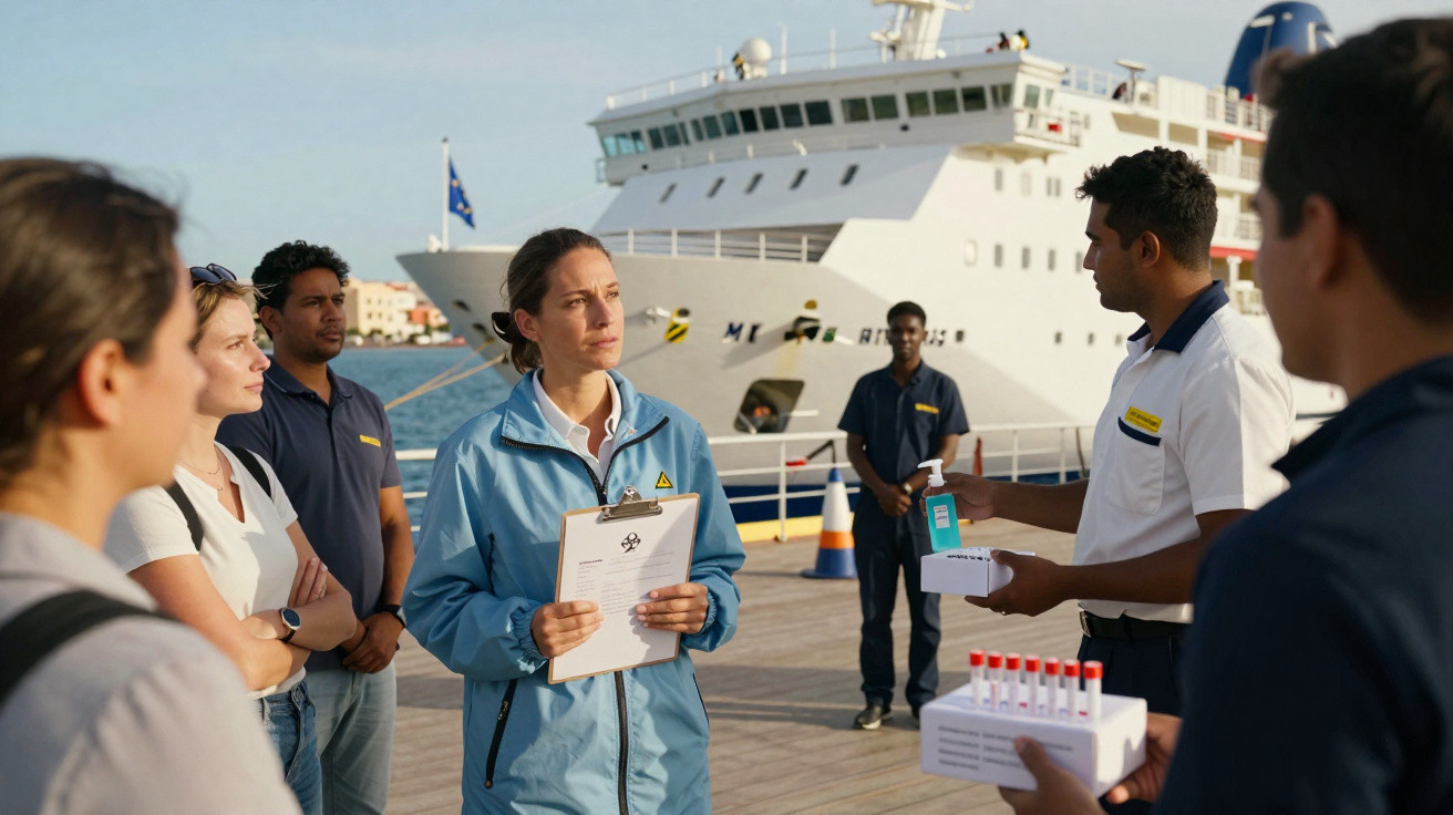 Equipe reunida em reunião de briefing na doca com navio ao fundo, com amostras e documentos na mão.