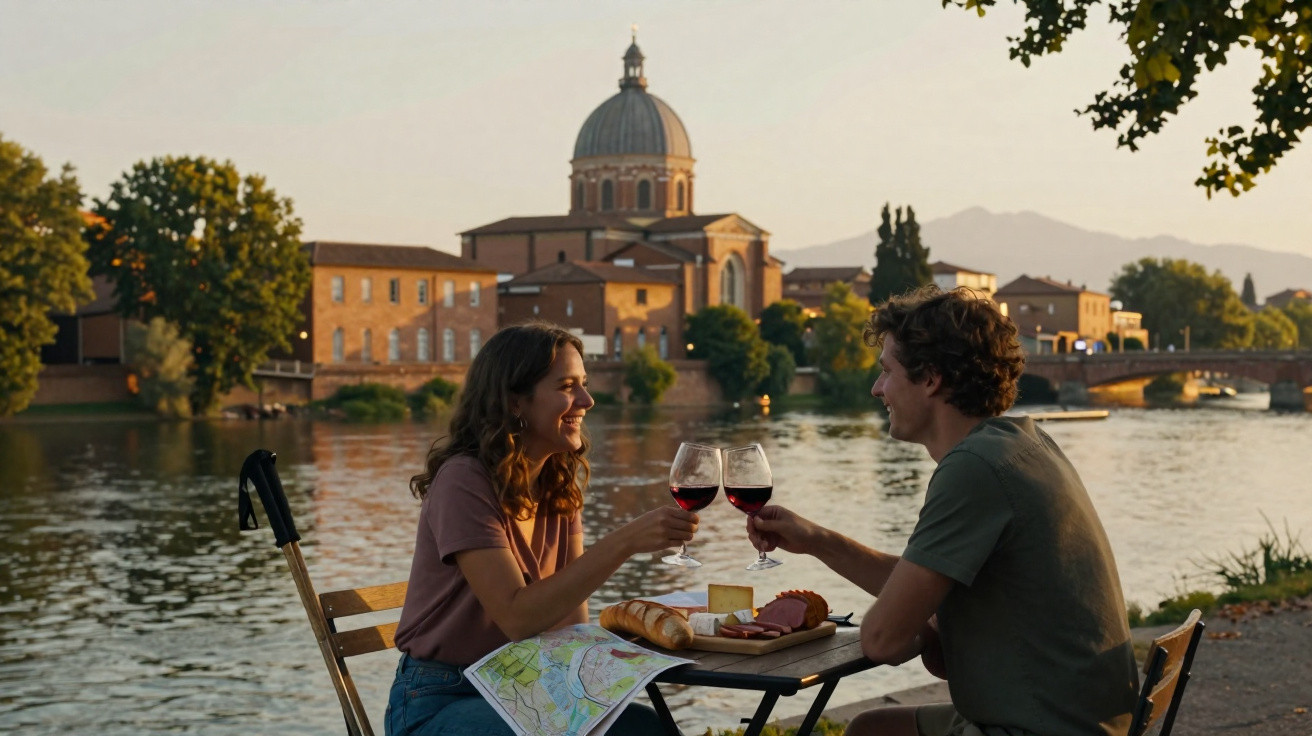 Casal brindando com vinho ao ar livre na beira de um rio com igreja ao fundo ao pôr do sol.