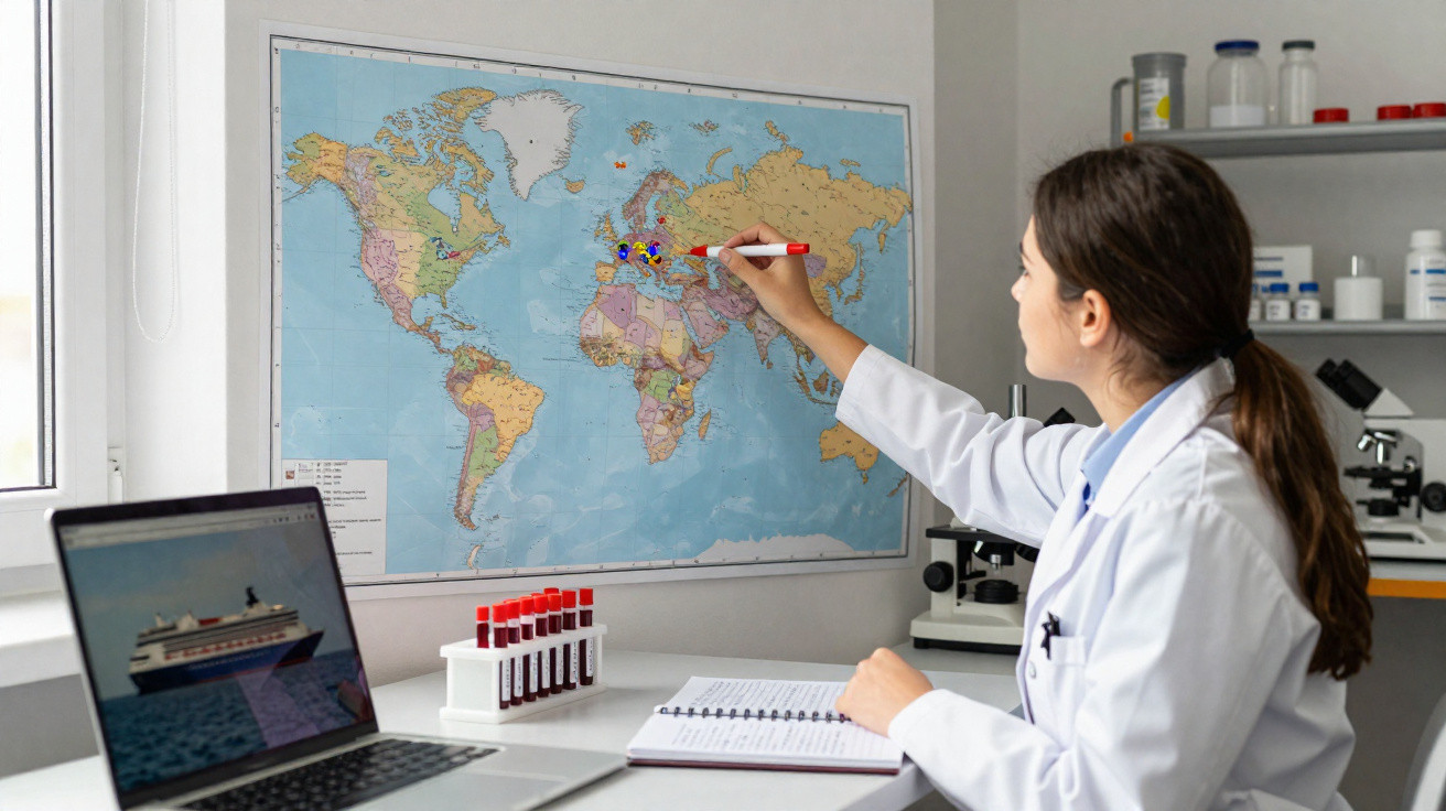 Mulher cientista marcando locais em mapa-múndi em laboratório com tubos de sangue e laptop.