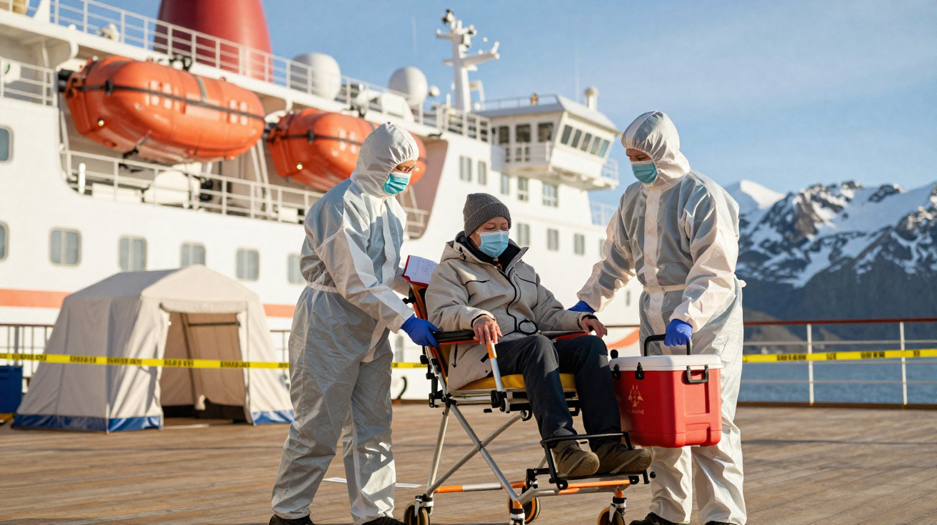 Dois profissionais com trajes de proteção ajudam idoso em cadeira de rodas no convés de navio.
