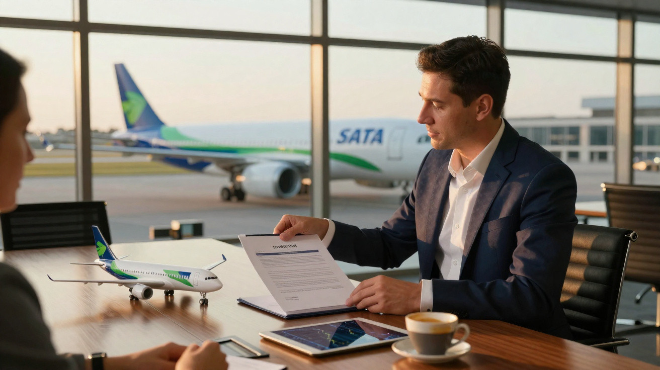 Homem de terno apresentando documento em reunião com modelo de avião e avião real ao fundo no aeroporto.