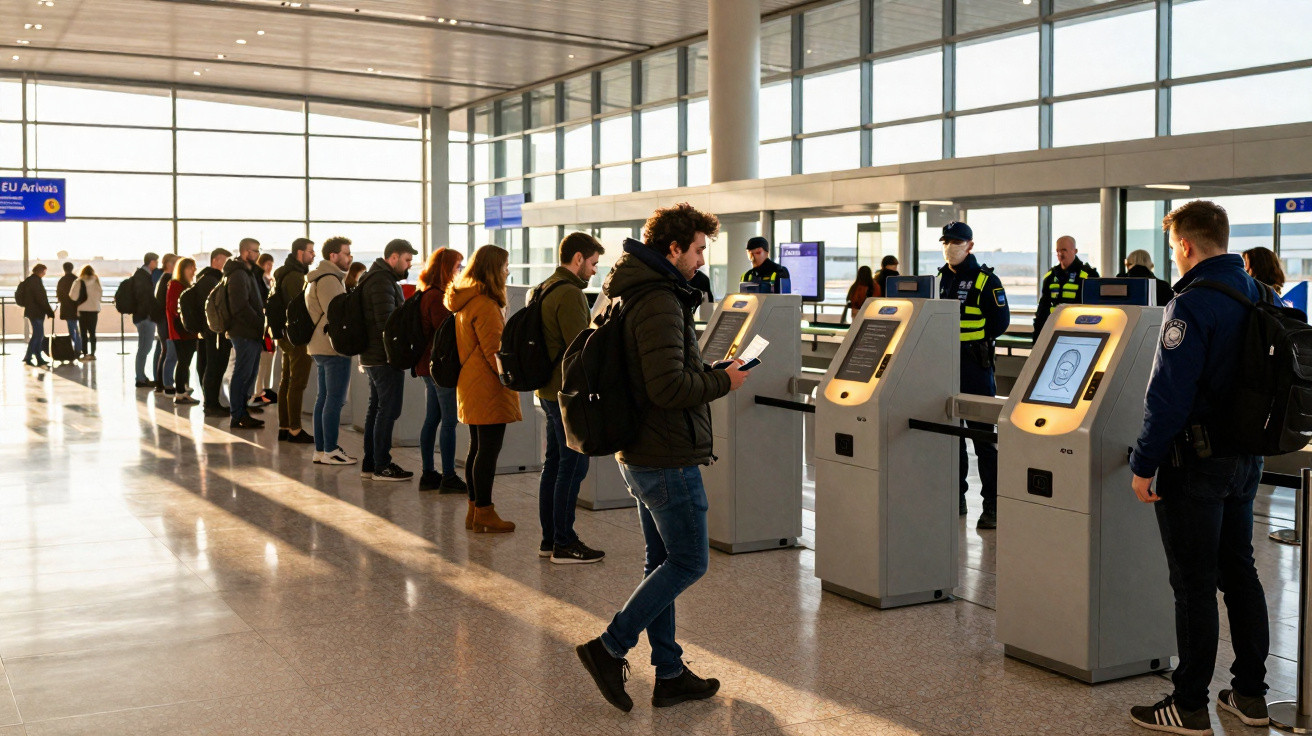 Fila de passageiros em quiosques de autoatendimento para controle de documentos em aeroporto iluminado pelo sol.