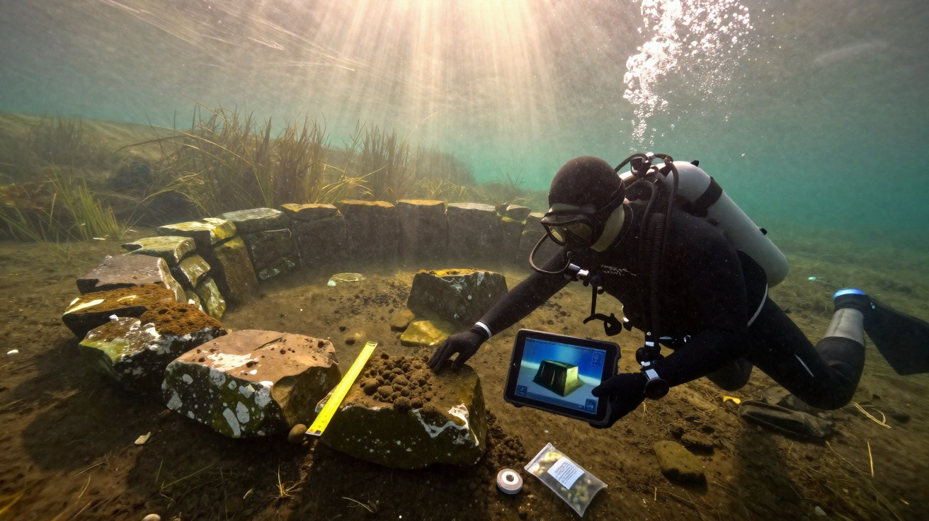 Mergulhador arqueólogo examina ruínas submersas segurando tablet com imagem digital.
