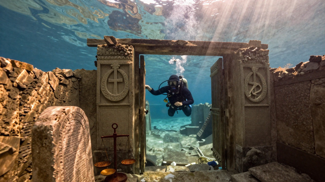 Mergulhador explorando ruínas submersas com porta ornamentada e objetos antigos no fundo do mar.