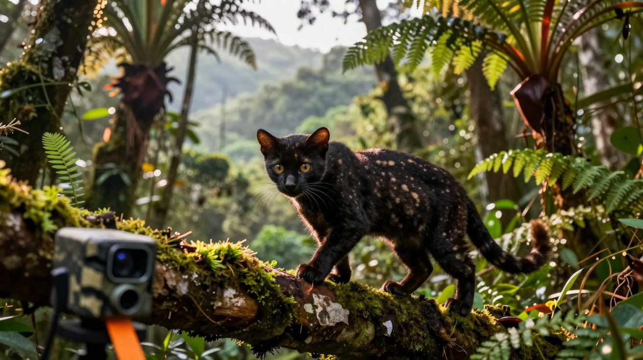 Gato-do-mato-pintado sobre tronco coberto de musgo em floresta tropical com câmera de monitoramento.