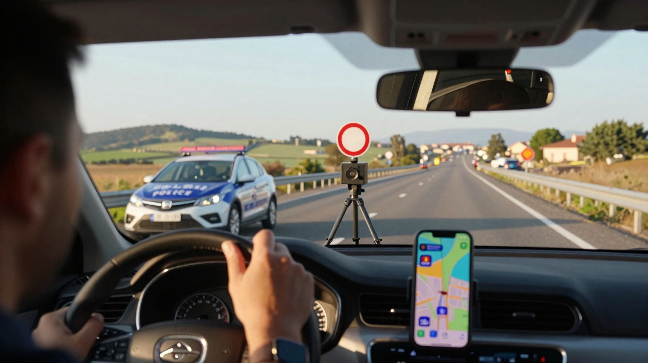 Motorista observa radar de velocidade instalado na estrada, com viatura policial estacionada ao lado.