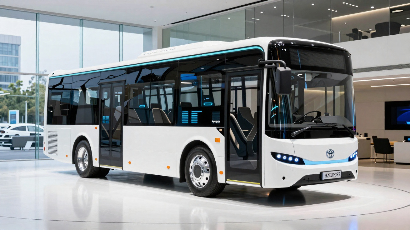 Ônibus elétrico branco moderno estacionado em ambiente interno com grandes janelas de vidro ao fundo.