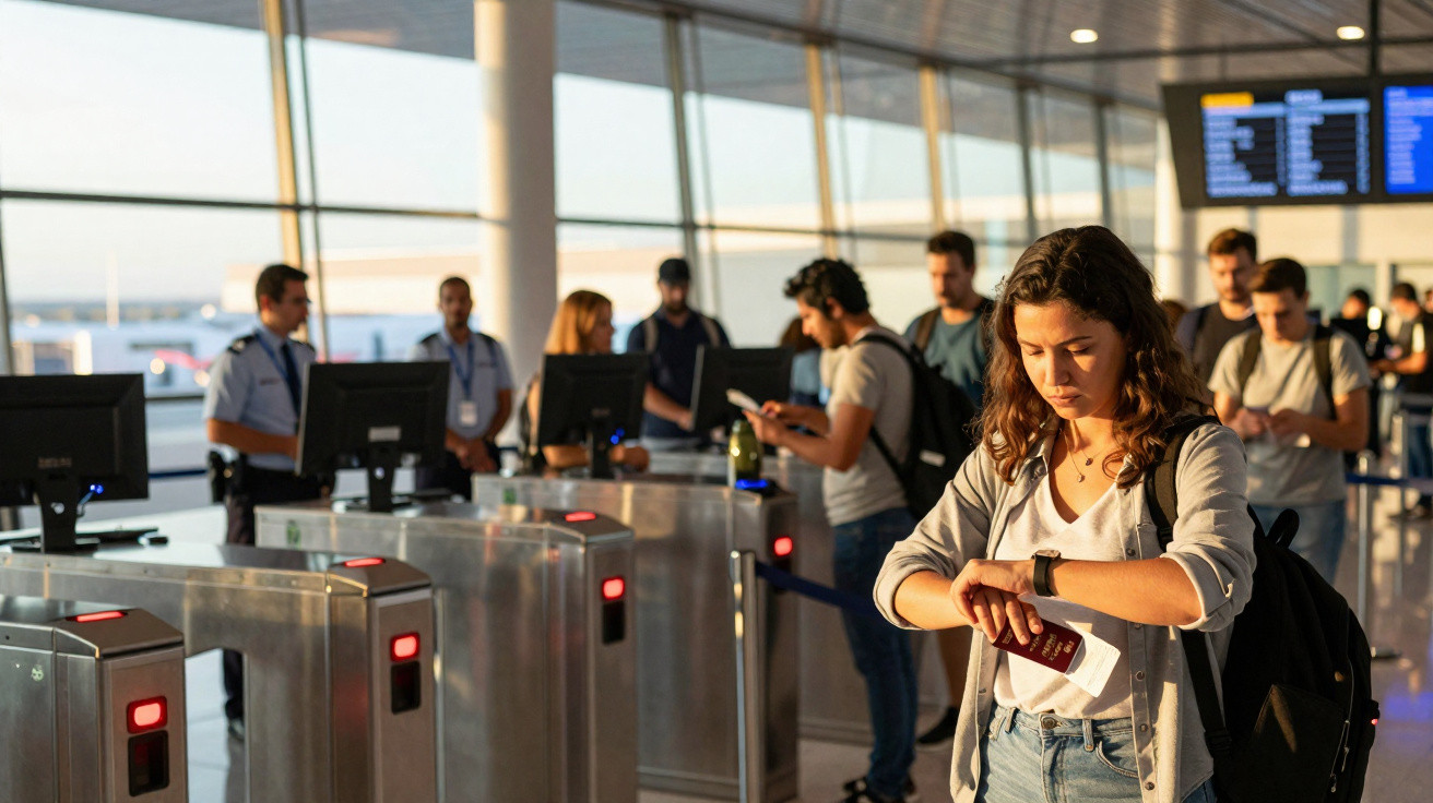 Mulher com mochila conferindo horário no relógio ao lado de catracas em aeroporto movimentado.
