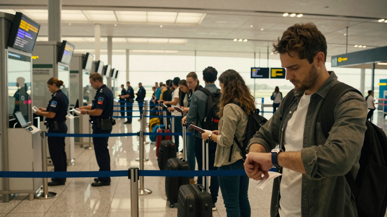 Passageiros aguardam na fila para check-in no aeroporto enquanto homem verifica horas no relógio.