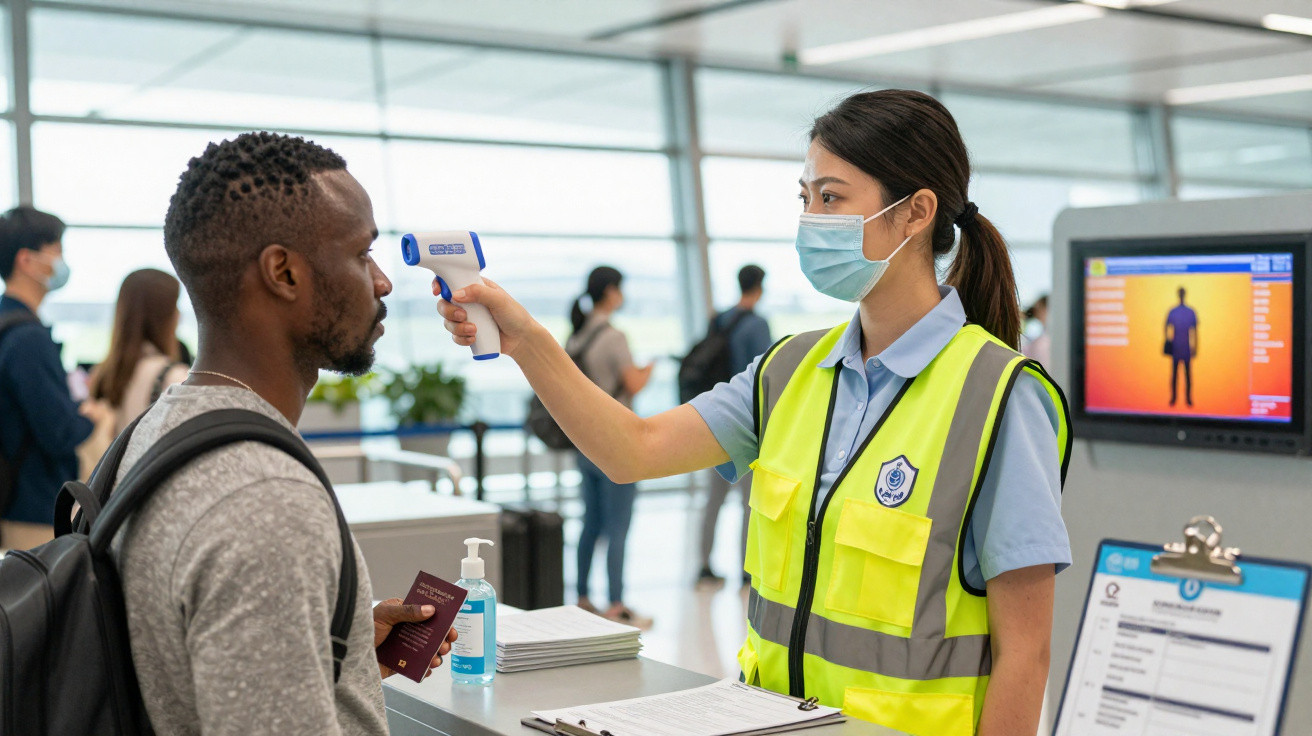 Profissional de saúde com máscara mede temperatura de passageiro em aeroporto, ambos usando máscaras.