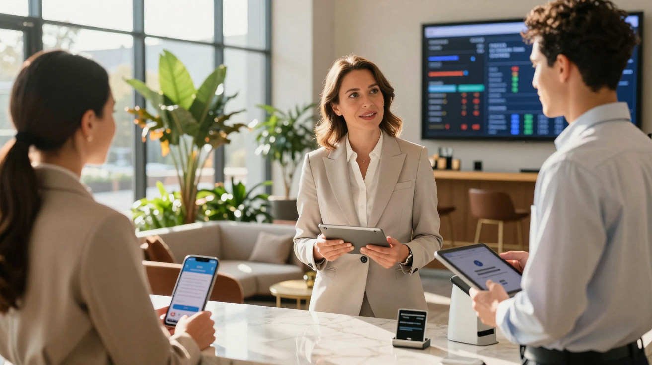 Recepcionista atendendo dois clientes com tablets em ambiente moderno e iluminado, com plantas ao fundo.