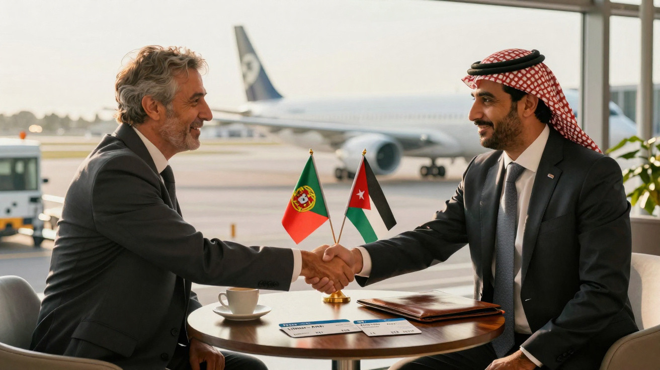 Dois homens de negócios apertando as mãos em mesa de reunião no aeroporto, com bandeiras de Portugal e Jordânia ao fundo.