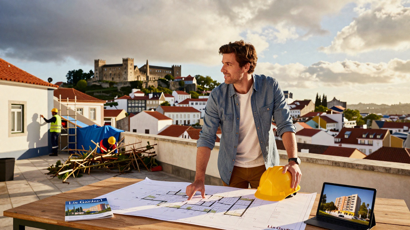 Homem analisa planta de construção em mesa ao ar livre com capacete amarelo, trabalhadores e castelo ao fundo.