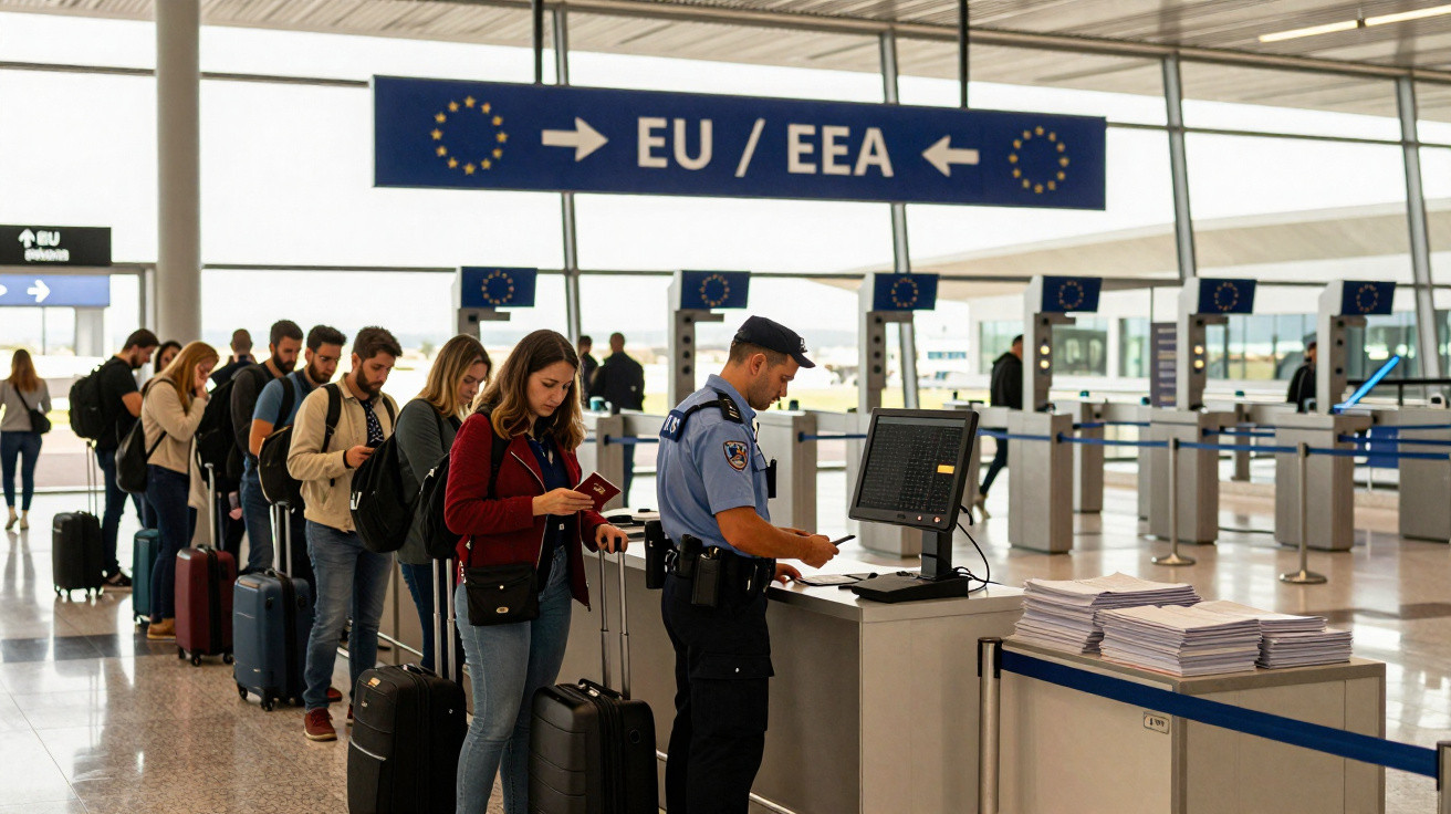 Fila de passageiros com bagagens aguardando conferência de documentos por agente em aeroporto.