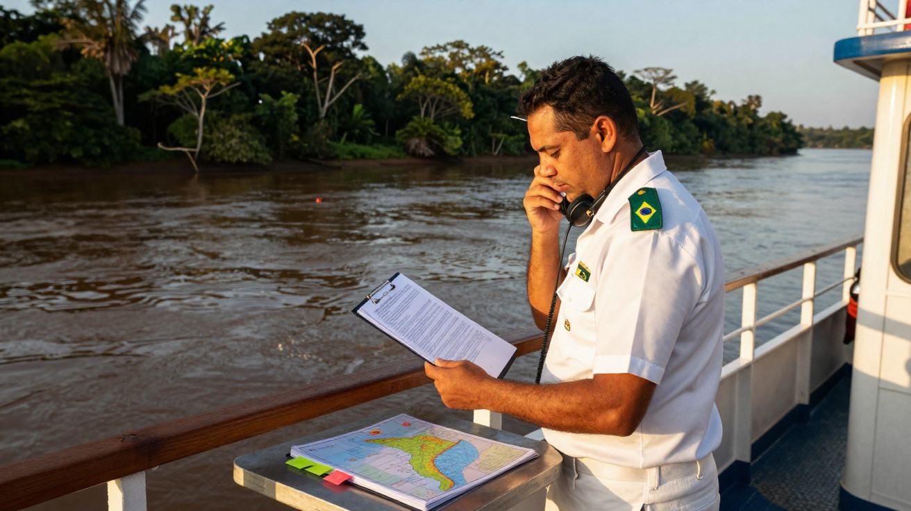 Homem com uniforme branco olha papéis enquanto está em barco no rio com vegetação ao fundo.