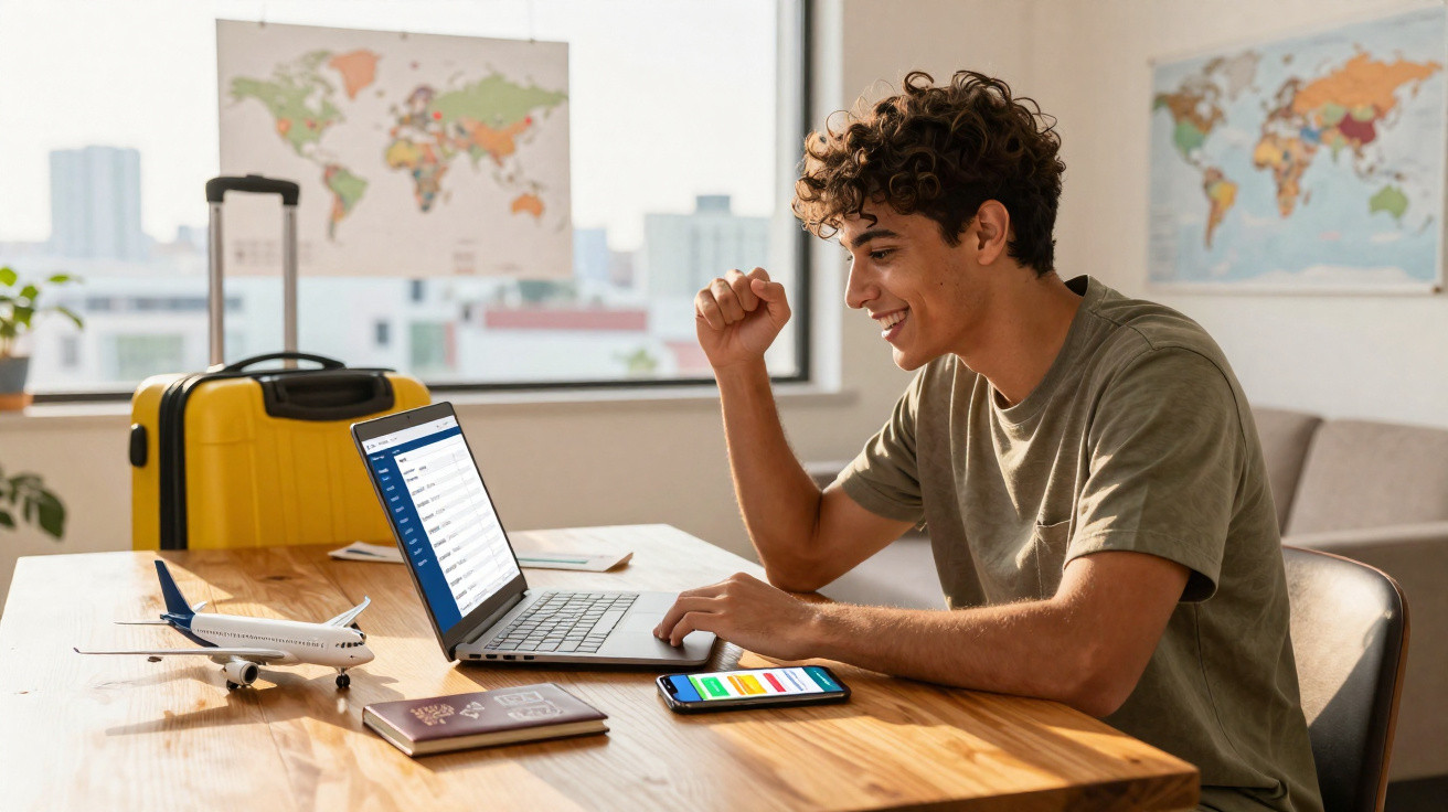 Jovem animado usando laptop, com passaporte, celular, mala e miniatura de avião na mesa para viagem.