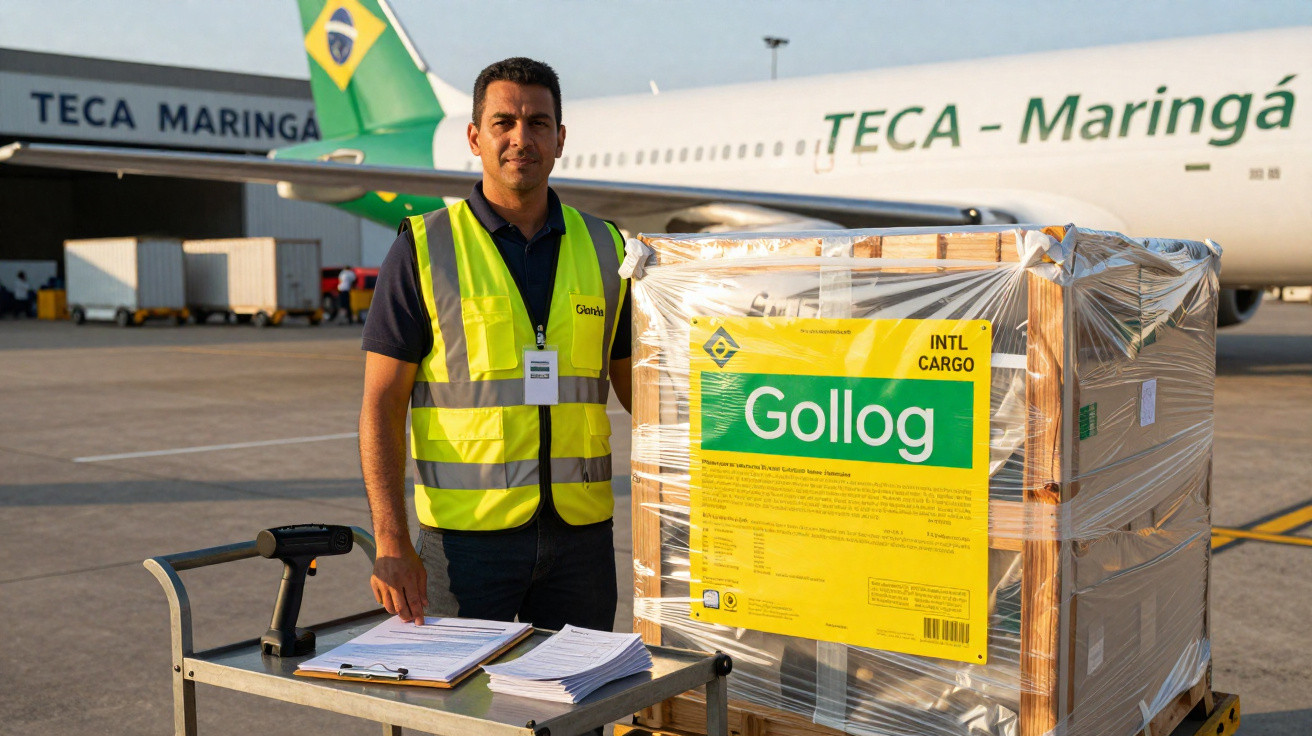 Homem com colete refletivo ao lado de carga embalada com etiqueta da Gollog em aeroporto de Maringá.