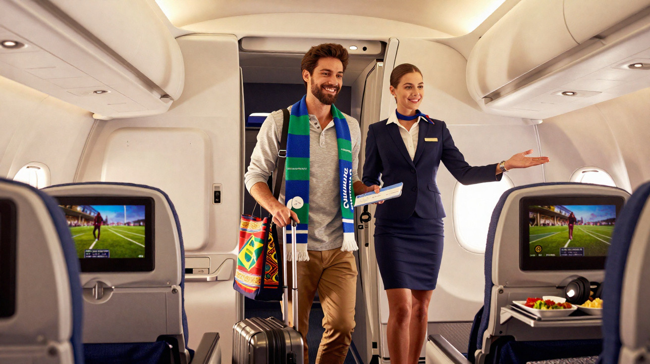 Passageiro sorridente com mala e lenço esportivo guiado por comissária em cabine de avião moderna.