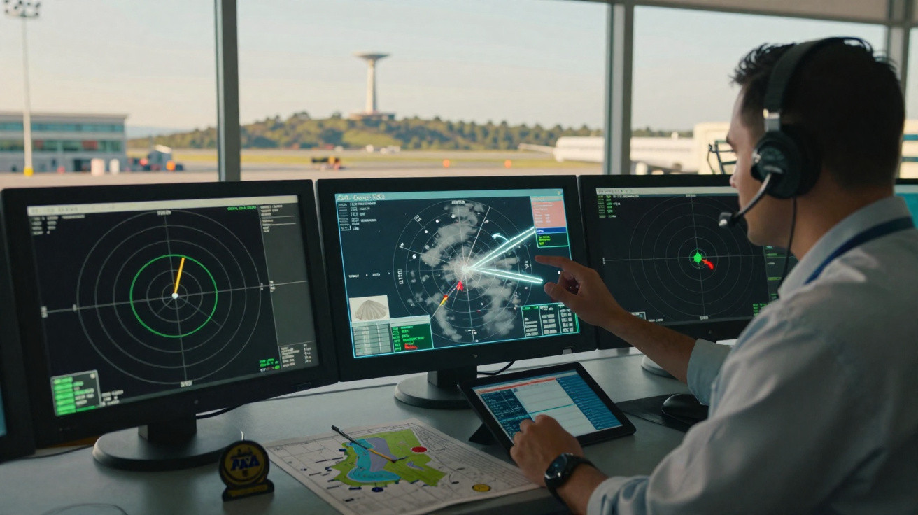 Controlador aéreo observa radares em torre de controle com headset e tablet ao lado de mapa.